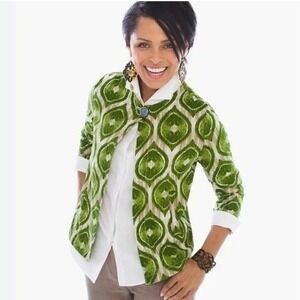 CHICO'S‎ 100% Linen Open Front Jacket Geometric Print Green Tan Size 2 Career
